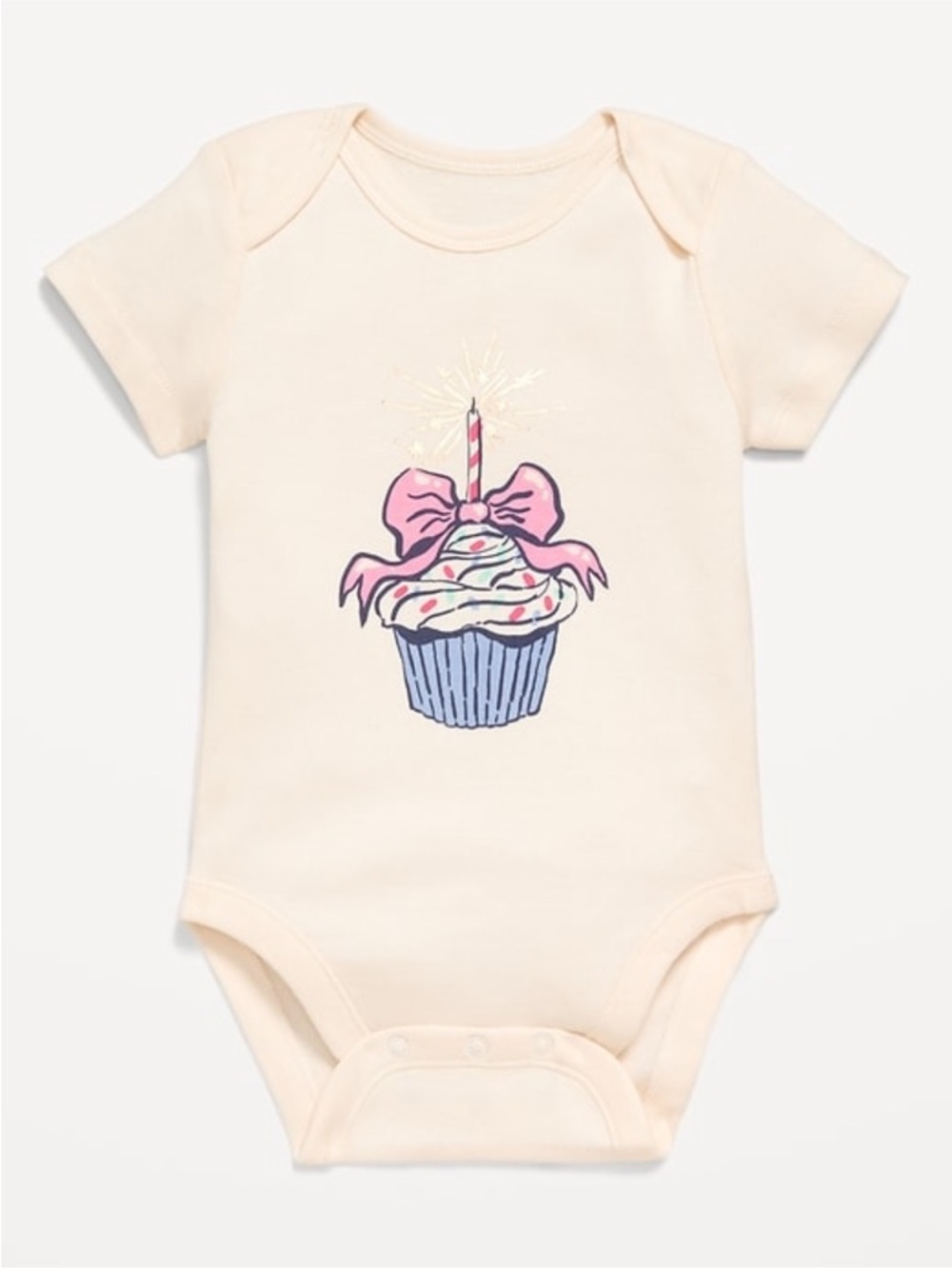 Cream Baby One-Piece Happy Birthday Cupcake Graphic
